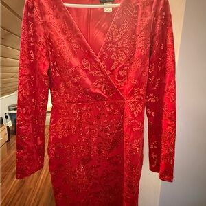VENUS Red Sequin Wrap Long-Sleeve Dress